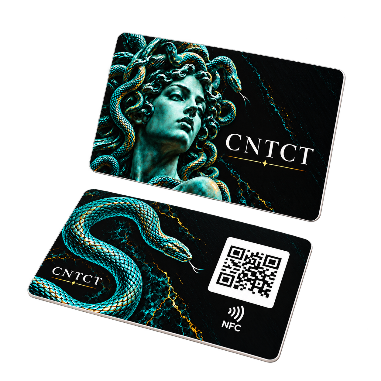 NFC-визитка Медуза — бирюзовое искусство на чёрной карте